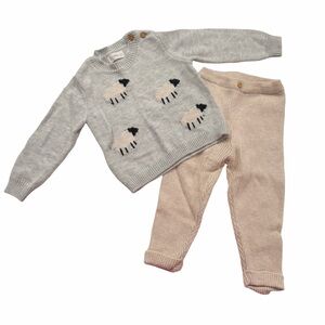 MANGO Baby Knit Sheep Sweater + Ribbed Knit Pants Outfit 9–12M